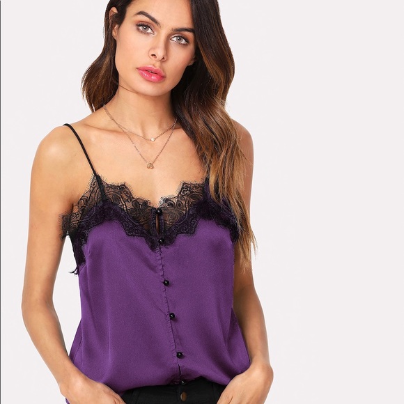 Purple Button Front Contrast Lace Cami Top - Picture 3 of 5